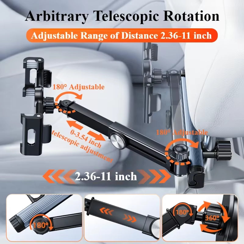 Car Headrest Tablet Holder Mount Back Seat with 360°Rotate Phone Stand 2 Hooks Trip Essentials for Kids for 4.7-12.9 Inch
