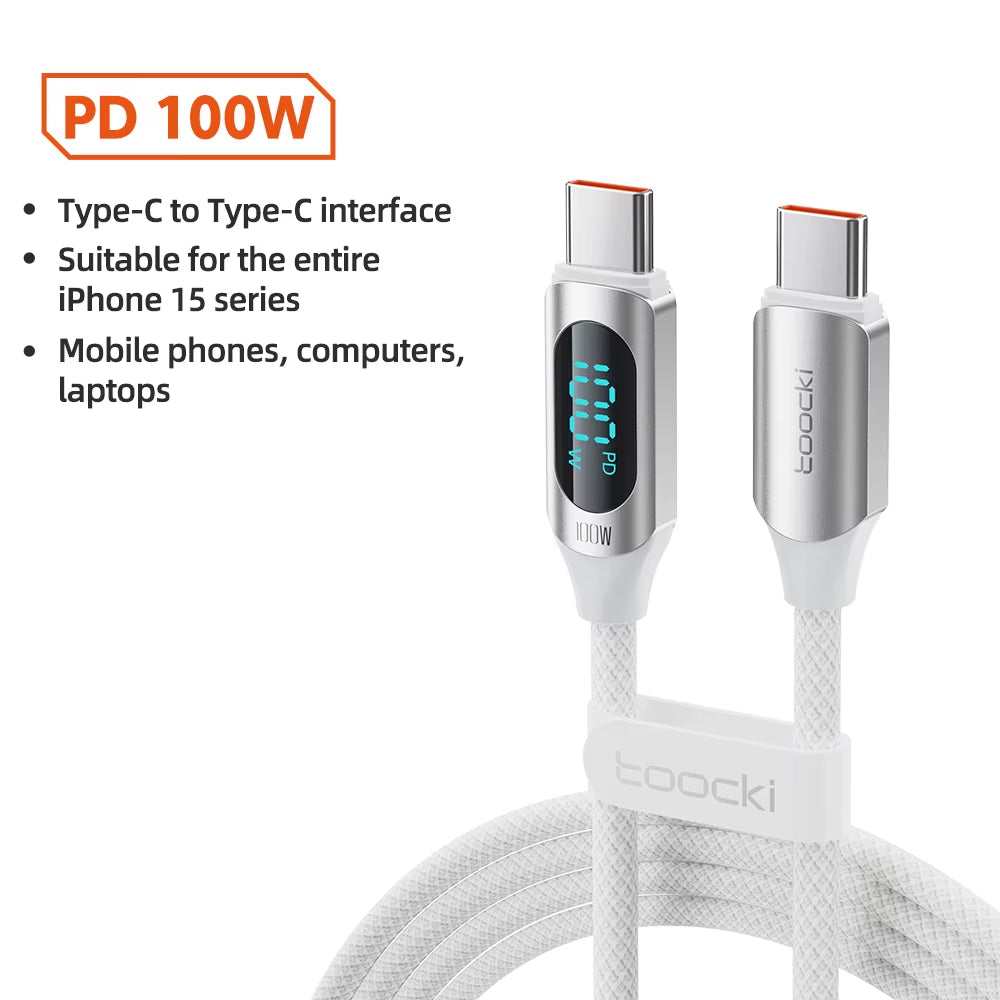 100W USB-C Cable with 5A LED Digital Display for High-Speed Charging and Data Transfer Compatible with Samsung, Xiaomi, POCO, and Huawei