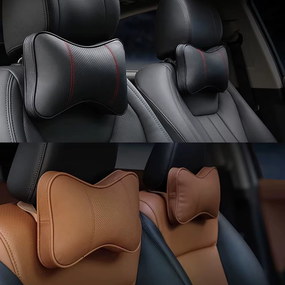 Set of 2 Premium Cowhide Car Neck Pillows - Soft, Breathable Headrest Support for Universal Vehicle Interiors