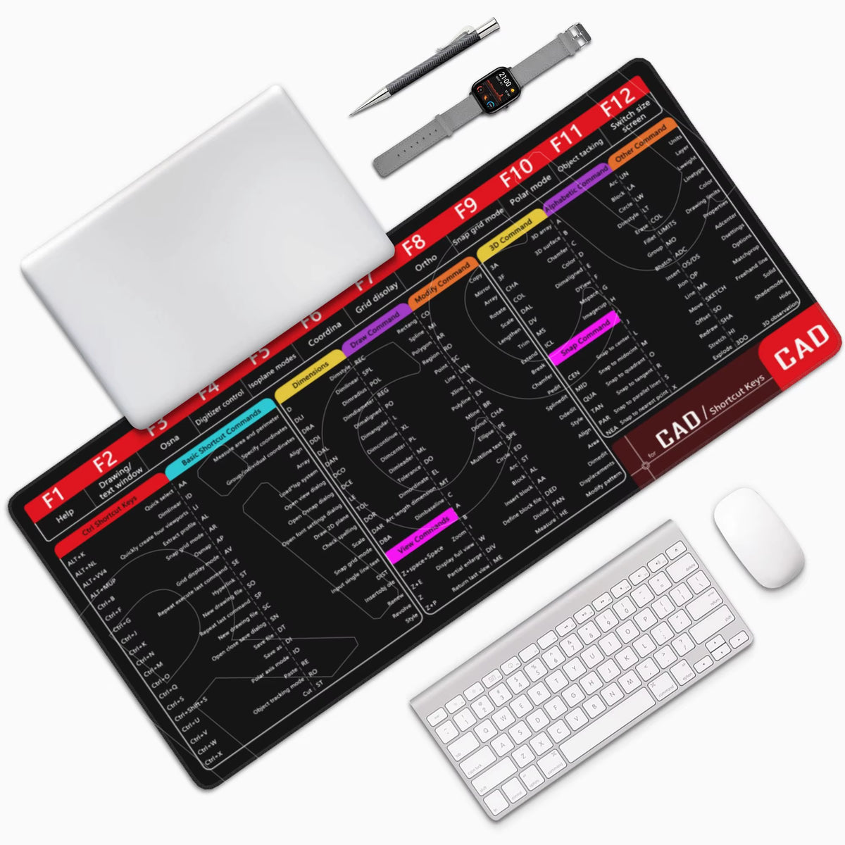 Professional Office Mouse Pad with AutoCAD Cheat Sheet - Large 100x50cm Gaming Desk Mat, Stitched Edge, Non-Slip Rubber Base