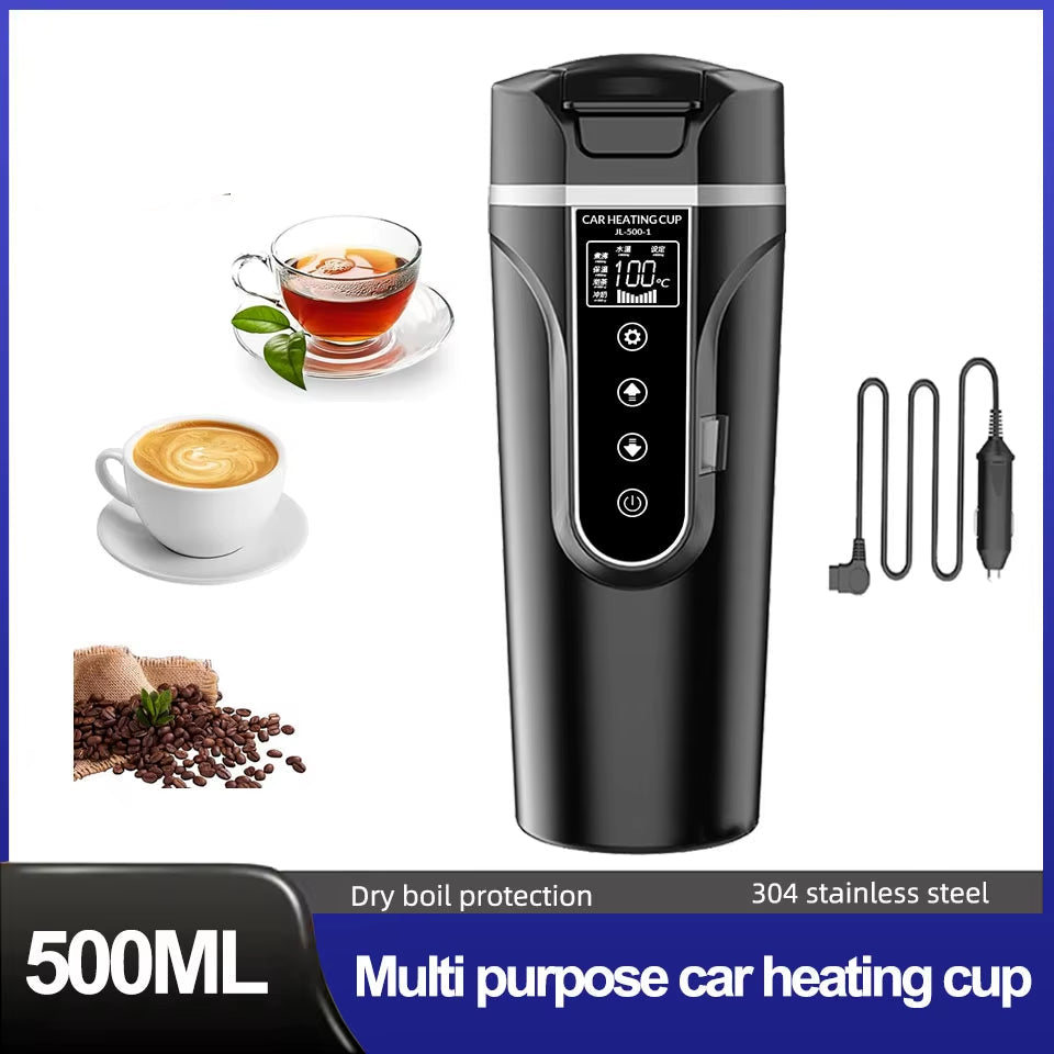 12V24V 500ML Electric Heating Car Water Cup Coffee Milk Dry Boil Protection Travel Kettle Stainless Steel Car Winter Accessories