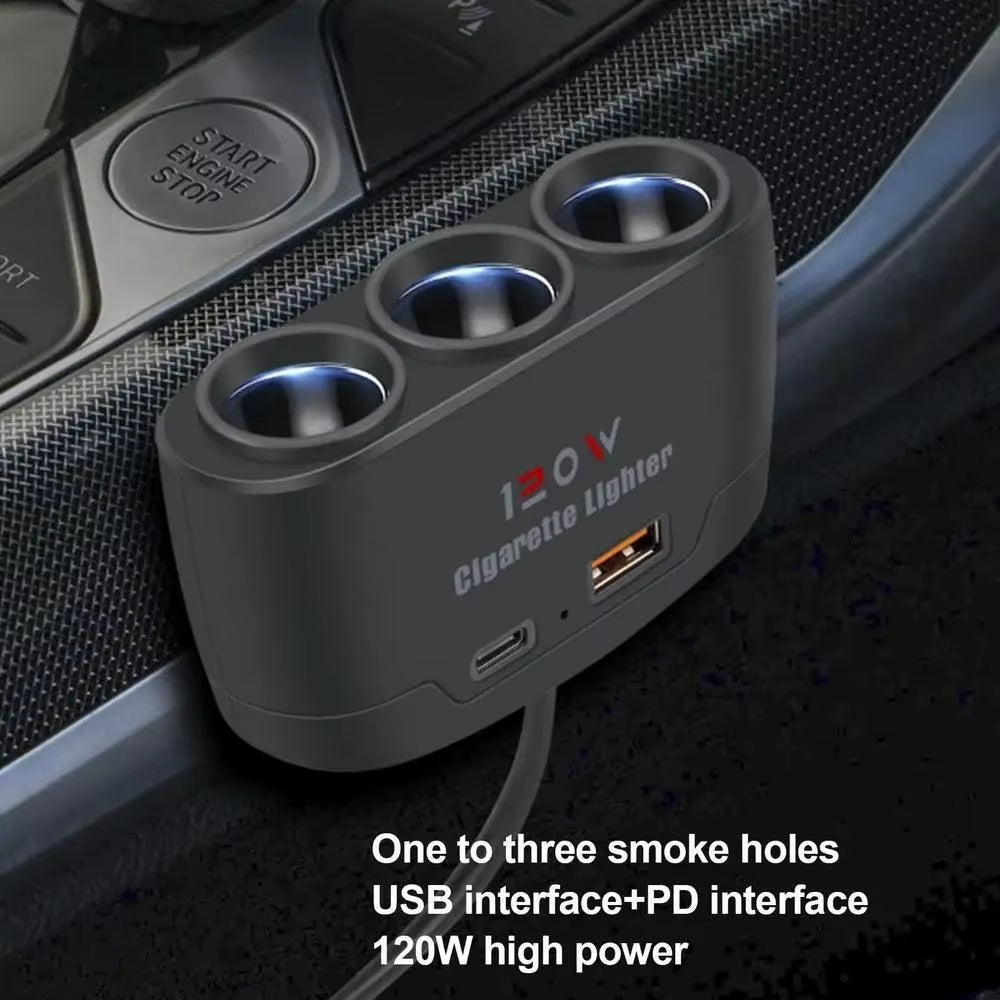 120W 3-in-1 Fast Charging Car Mobile Phone Charger and Cigarette Lighter Adapter for DVR and GP Devices
