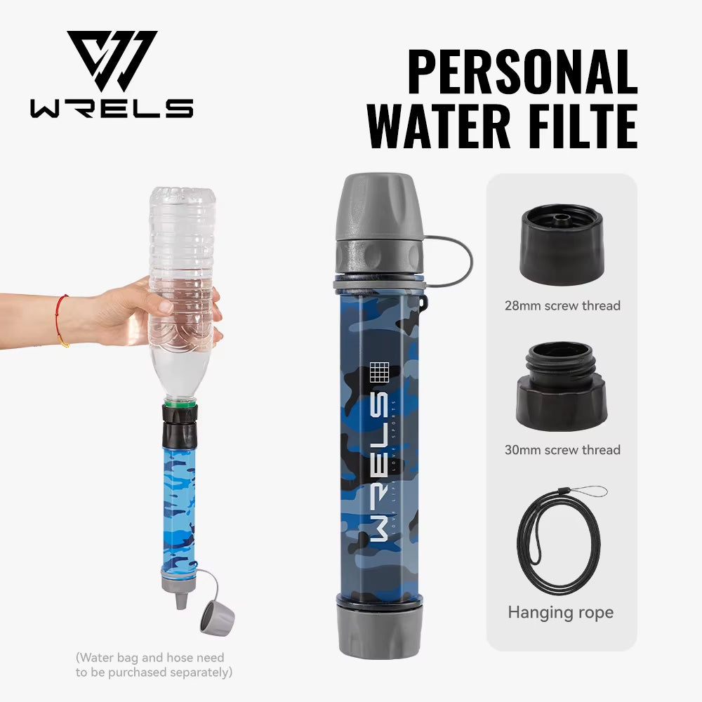 WRELS Outdoor Mini Water Purification Filter Straw with Carbon Fiber Water Bag for Camping and Emergency Preparedness