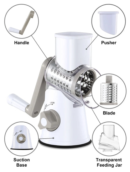 Cheese Grater Rotary, Rotary Grater for Kitchen, Kitchen Grater Vegetable Slicer with 3 Drum Blades, Fast Cutting Cheese Shredder for Vegetables and Nuts