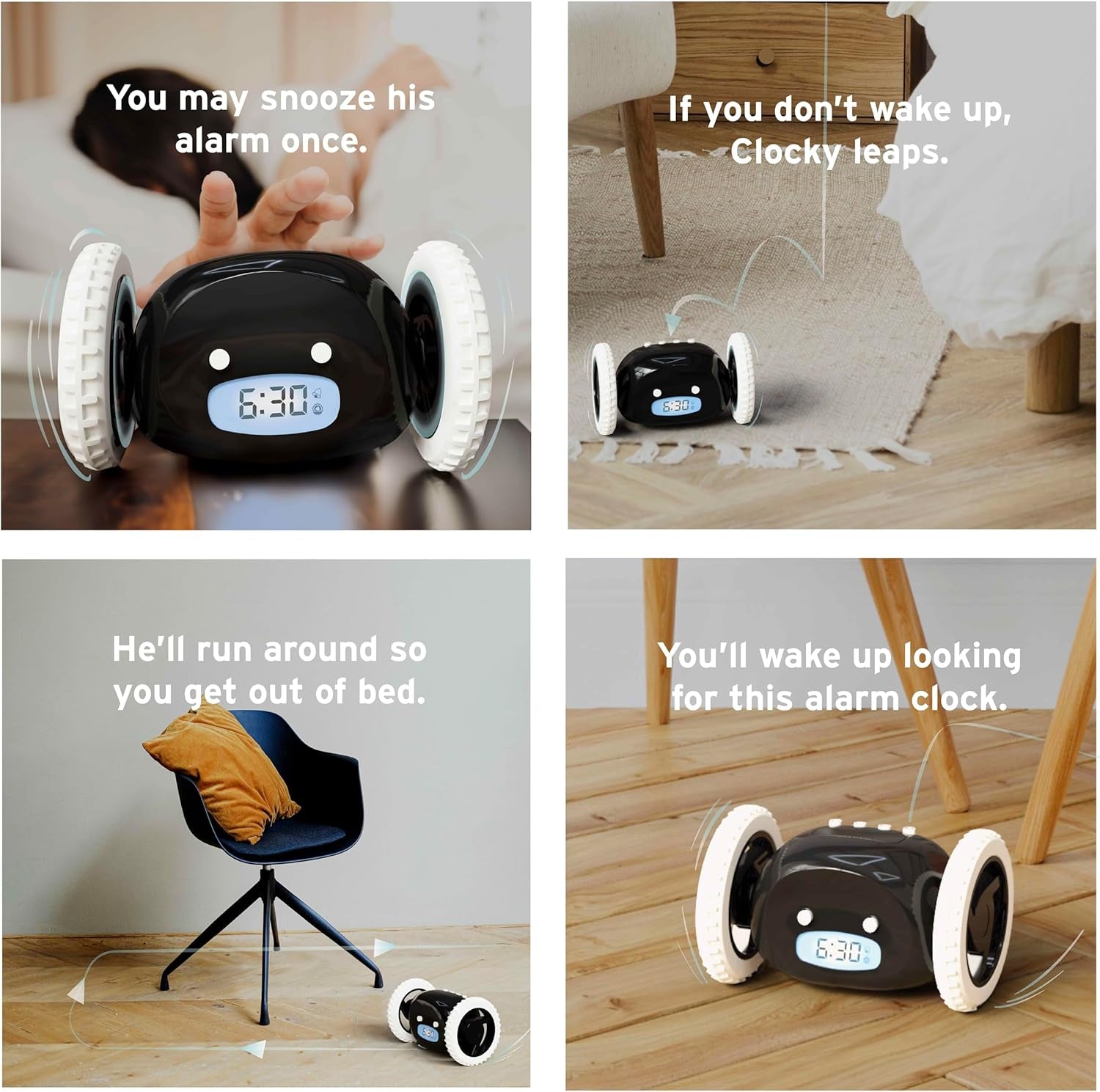Alarm Clock on Wheels – Loud Rolling Alarm Clock for Heavy Sleepers | Runaway Clock That Jumps & Runs to Wake You up | Funny Unique Gift for Adults, Teens & Kids Bedrooms (Black)