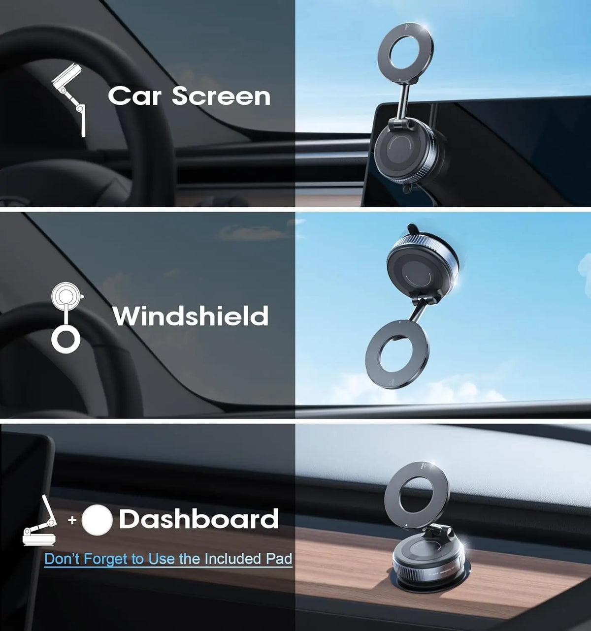 Universal Magnetic Car Phone Holder with Strong Suction Cup and 360° Rotation - Foldable Mount for Mobile Devices and GPS Navigation