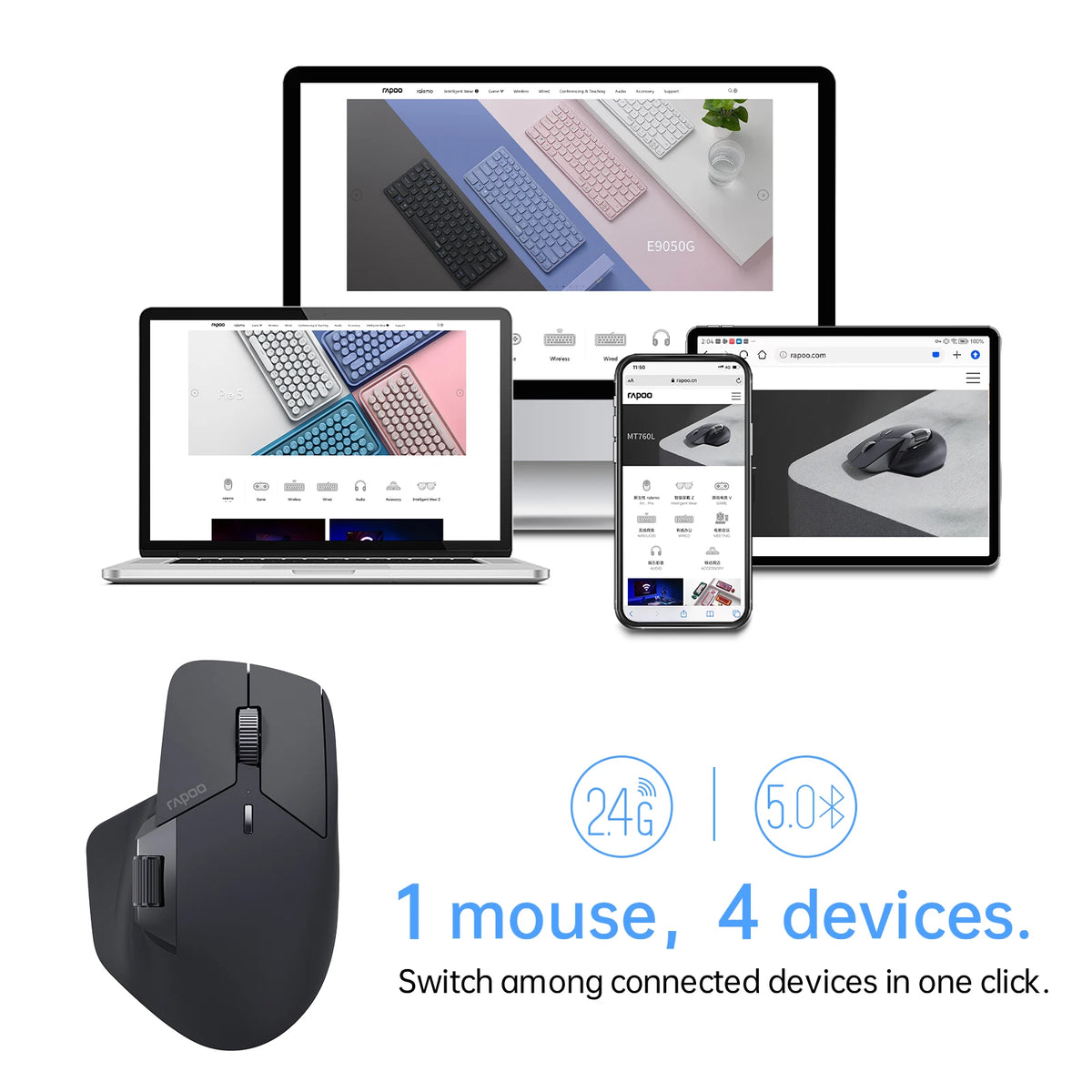 MT760L/MT760M Multi-Mode Ergonomic Wireless Mouse with 4000 DPI and Bluetooth Support for Up to 4 Devices