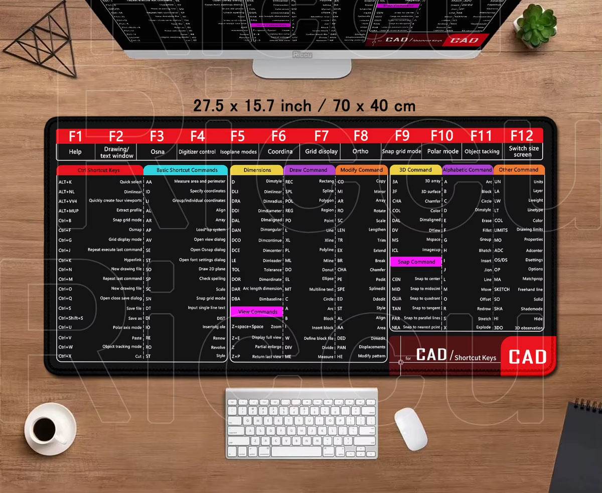 Professional Office Mouse Pad with AutoCAD Cheat Sheet - Large 100x50cm Gaming Desk Mat, Stitched Edge, Non-Slip Rubber Base