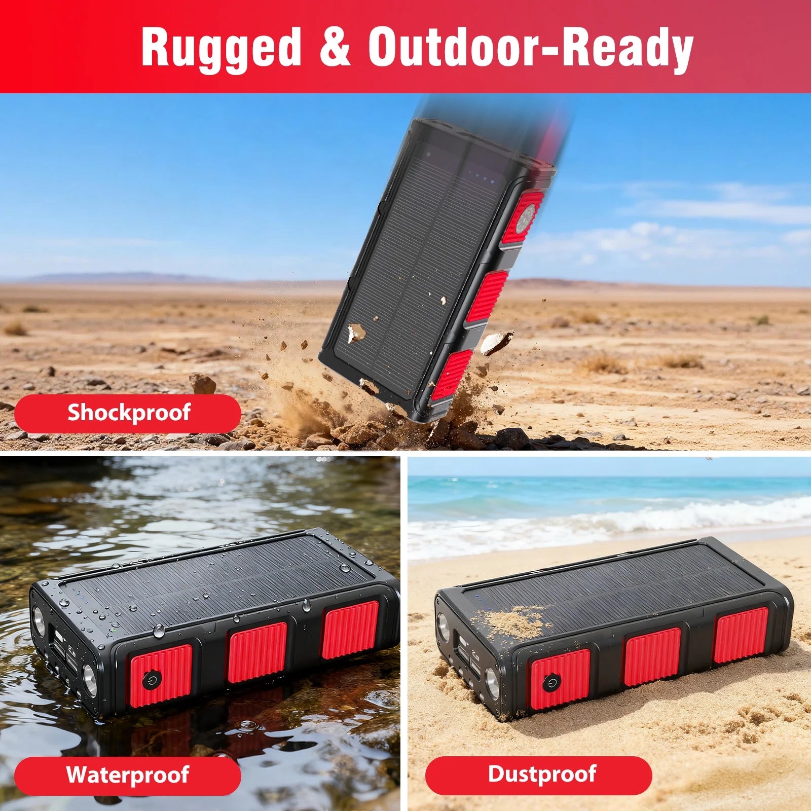 Power Bank Wireless Charger 68800Mah Built in Hand Crank and 4 Cables 15W Fast Charging Power Bank 7 Outputs & 4 Inputs Solar Portable Charger, Sos/Strobe/Strong Flashlights, Compass(Red)