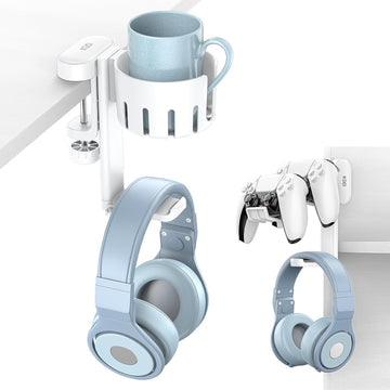 Organize your workspace with a 3-in-1 Rotating Desk Hanger for headsets and controllers with clamp-on installation & cable control.