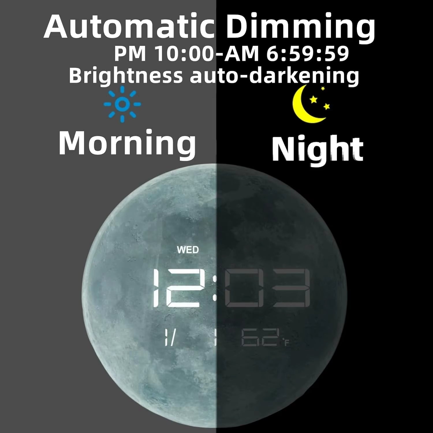13" Digital Wall Clock with LED Display, Calendar & Temperature, Automatic Dimming, 12/24Hr Format, Wall & Desk Use - HUI-7860