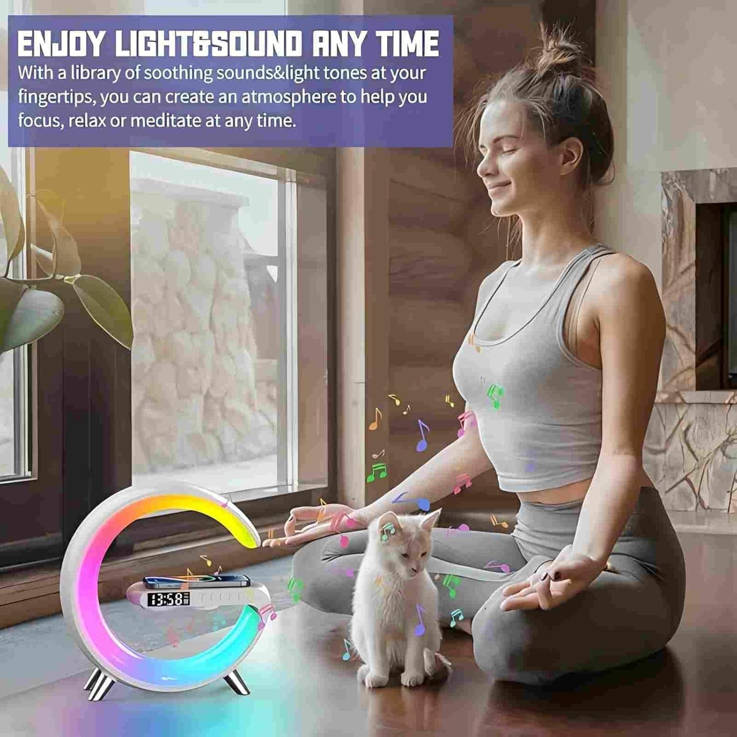 Bluetooth Speaker Lamp with Wireless Charger, RGB Night Light, Alarm Clock, App Control - White