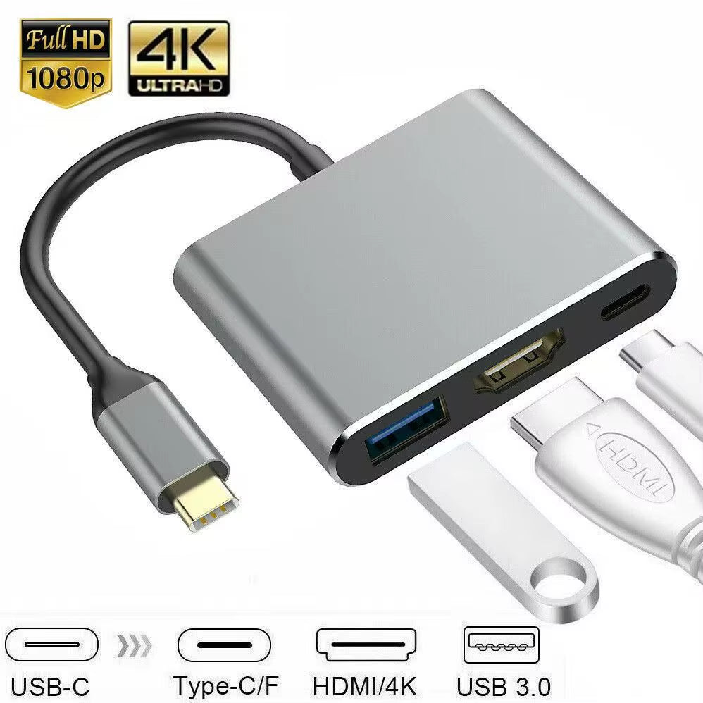 3-in-1 USB-C Hub: Type-C PD 100W, HDMI 4K/30Hz, USB 3.0