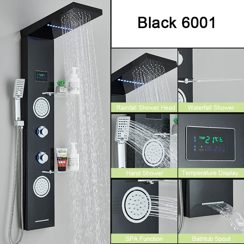 LED Digital Display Shower Panel with Waterfall Rain and SPA Massage Jet System