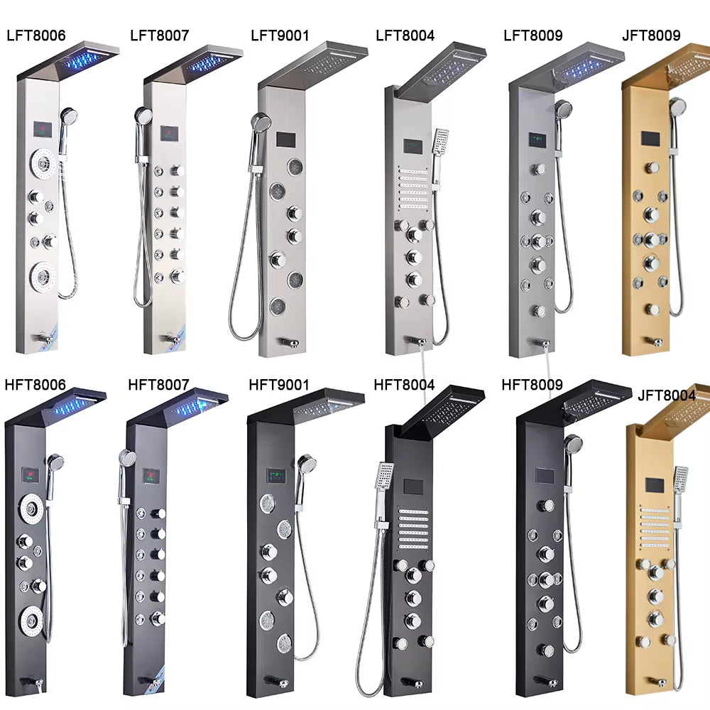 Newly Luxury Black/Brushed Bathroom Shower Faucet LED Shower Panel Column Bathtub Mixer Tap with Hand Shower Temperature Screen
