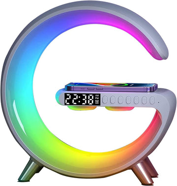 Bluetooth Speaker Lamp with Wireless Charger, RGB Night Light, Alarm Clock, App Control - White