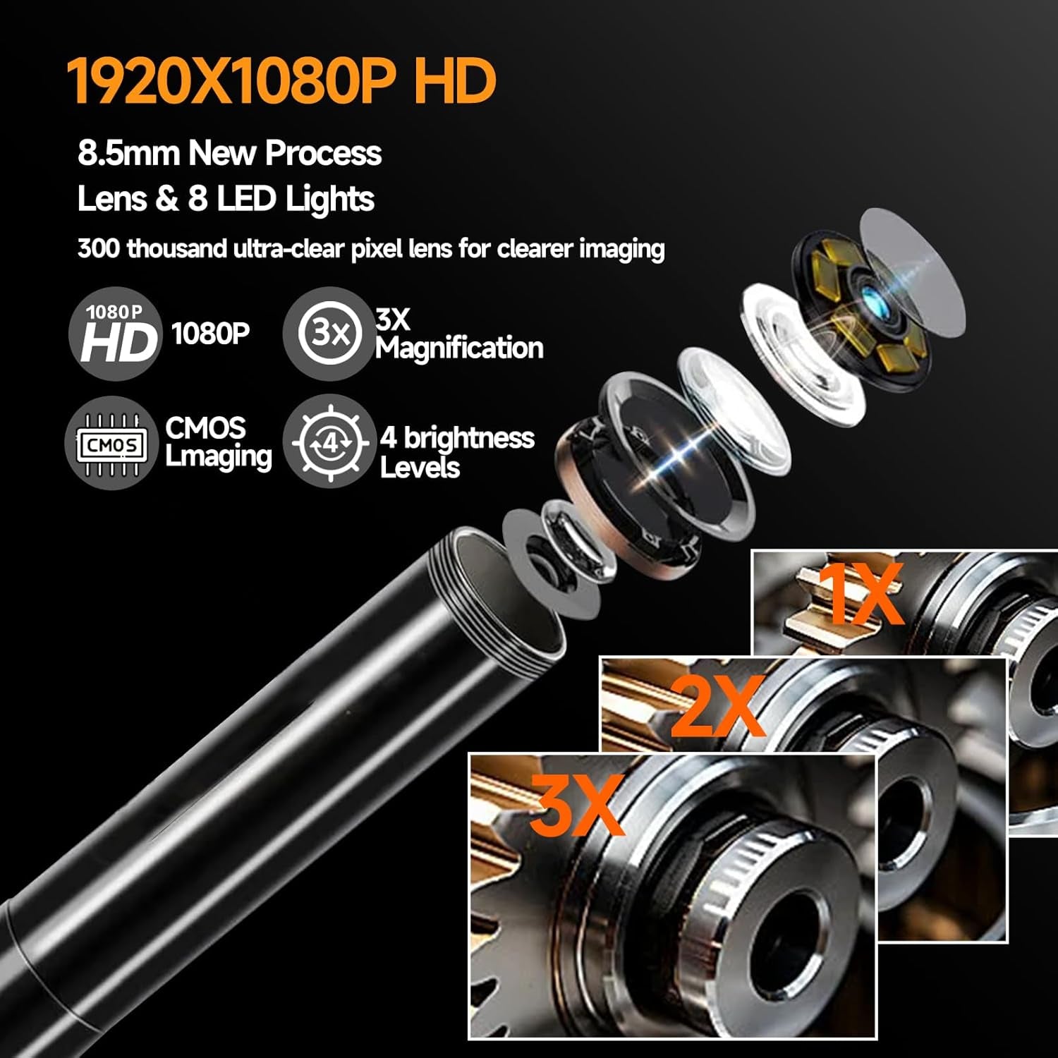 Endoscope Camera with Light, 4.3" IPS Screen HD Digital Snake Camera, IP67 Waterproof Borescope with 8 Adjustable LED Lights,Hd 1080P，16.5Ft Semi-Rigid Cord