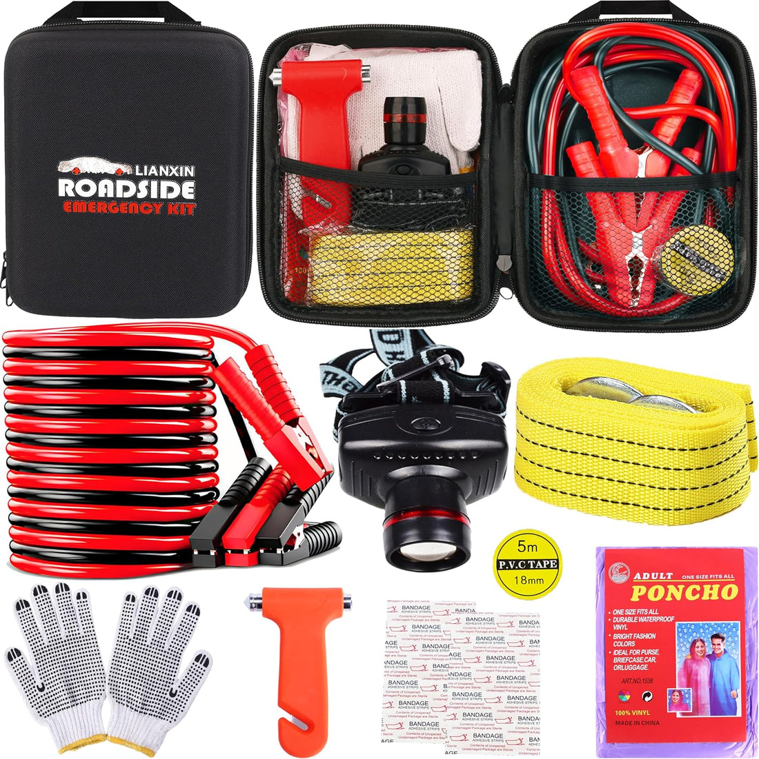 Car Roadside Emergency Kit, with Jumper Cables Automotive Kit,Car Safety Roadside Assistance Kit Headlamp,Tow Straps, Safety Hammers, Rainwear, Gloves.Black