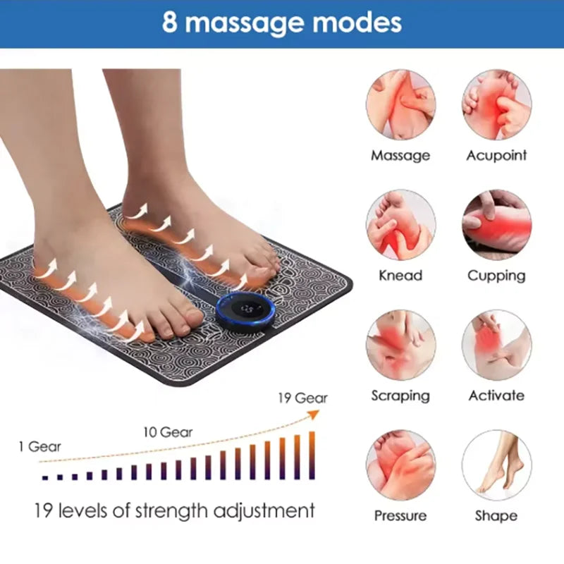 Rechargeable EMS Foot Massager Pad with Remote Control - Portable Electric Muscle Stimulation Mat for Pain Relief and Relaxation