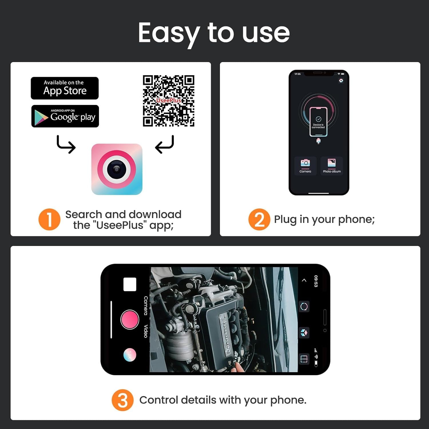 Endoscope Camera with Light, HD Borescope with Dimmable LED, Endoscope Camera for Iphone & Android, 16.4Ft Semi-Rigid Snake Camera, IP67 Waterproof Inspection Tools, Cool Gadgets for Men