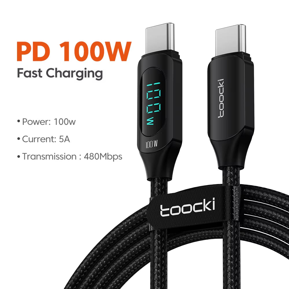 100W USB-C Cable with 5A LED Digital Display for High-Speed Charging and Data Transfer Compatible with Samsung, Xiaomi, POCO, and Huawei