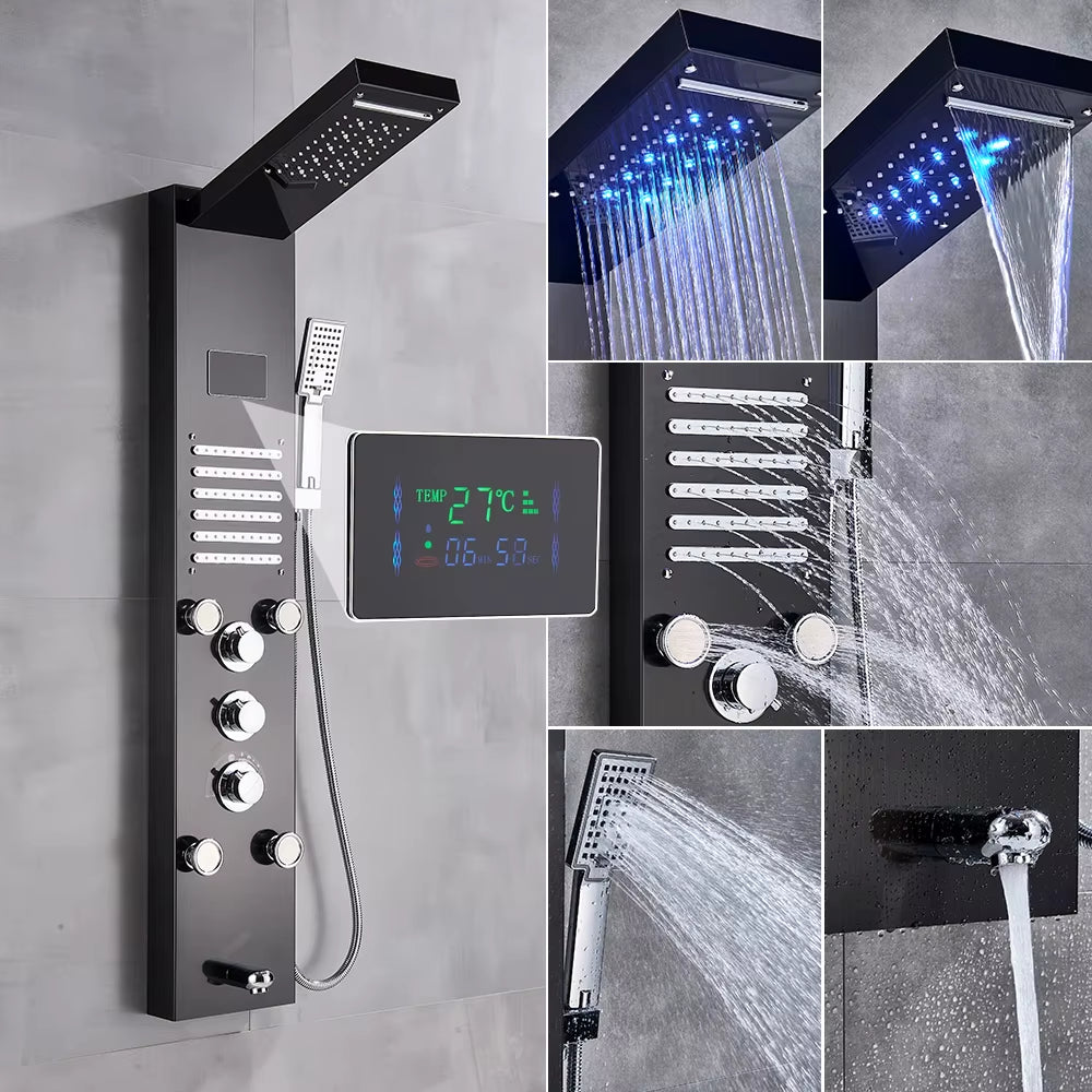 Newly Luxury Black/Brushed Bathroom Shower Faucet LED Shower Panel Column Bathtub Mixer Tap with Hand Shower Temperature Screen