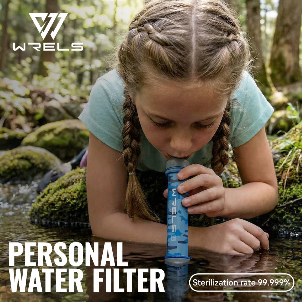 WRELS Outdoor Mini Water Purification Filter Straw with Carbon Fiber Water Bag for Camping and Emergency Preparedness