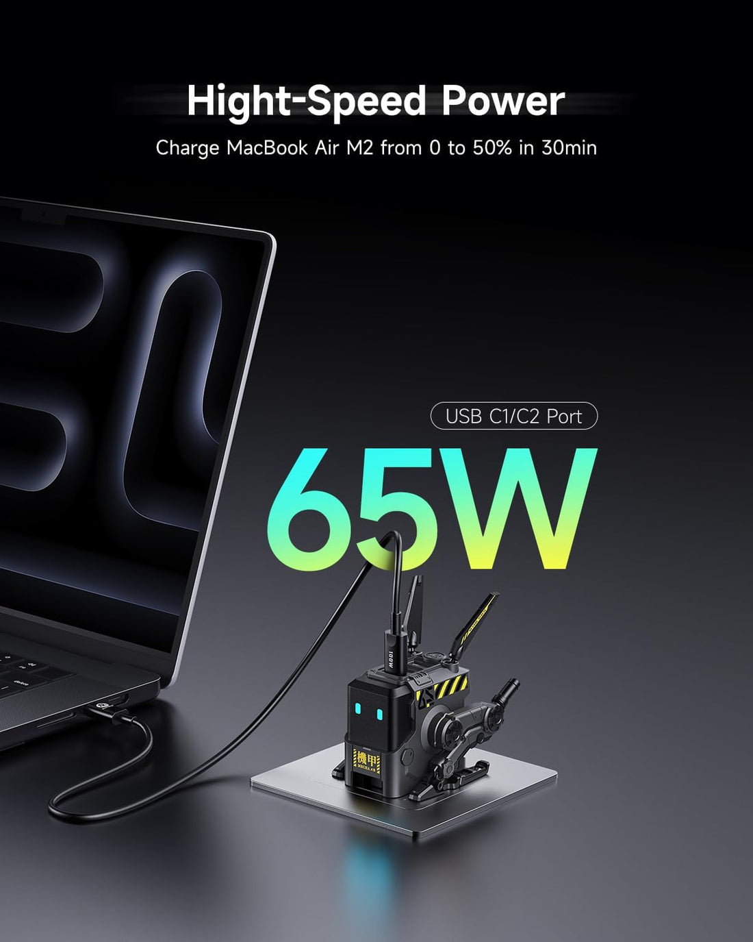 65W Alpha65 Robot Fast Gan Charger Block, 3-Port Fast Charger, Foldable Wall USB C Charger for Iphone, Macbook, Ipad, Laptop, Steam Deck, Gifts for Men (65W, Gray)