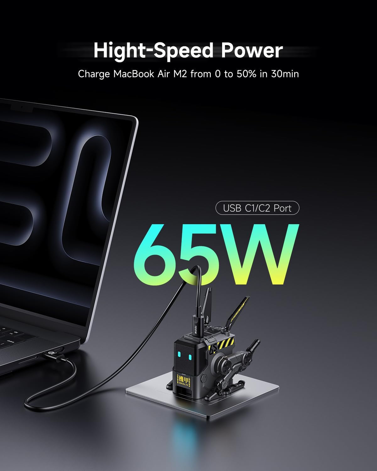 65W Alpha65 Robot Fast Gan Charger Block, 3-Port Fast Charger, Foldable Wall USB C Charger for Iphone, Macbook, Ipad, Laptop, Steam Deck, Gifts for Men (65W, Gray)