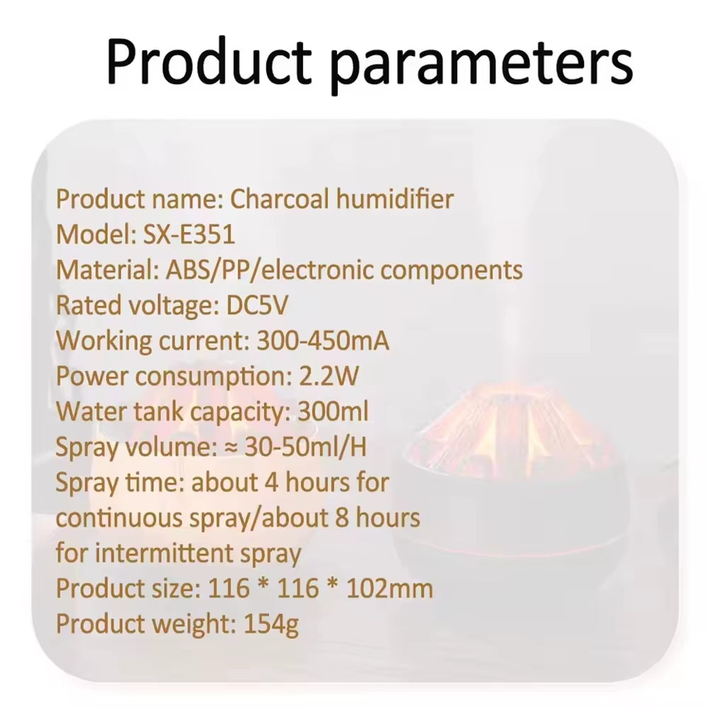 Charcoal Flame Humidifier Aromatherapy Essential Oil Diffuser 300Ml Mist Ultrasonic Humidifier for Bedroom Office Night Light
