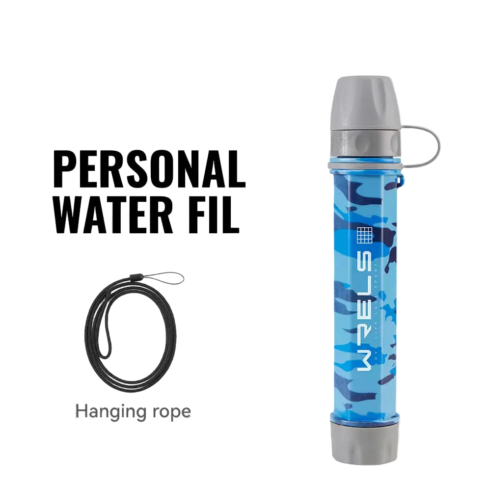 WRELS Outdoor Mini Water Purification Filter Straw with Carbon Fiber Water Bag for Camping and Emergency Preparedness