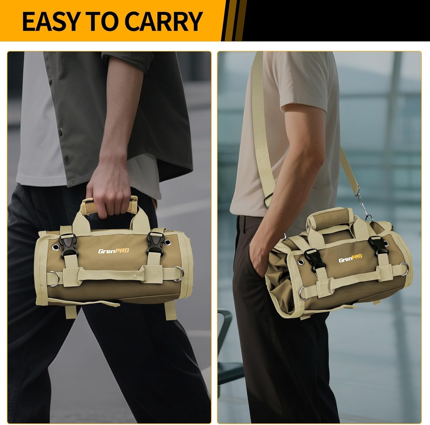 Roll up Tool Bag, Tool Roll up Bag with Detachable Tool Pouches, Soft Rollable Tool Pouch, Tool Organizer for Electricians, DIY, Valentines Day Gifts for Him Dad Men Mechanic Welding, Khaki