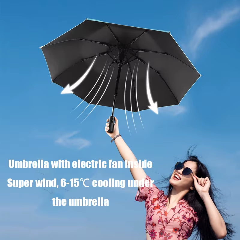 Outdoor USB Chargeable Foldable Umbrella with Fan Beach Parasol Creative Portable UV Umbrella Folding Beach Umbrella