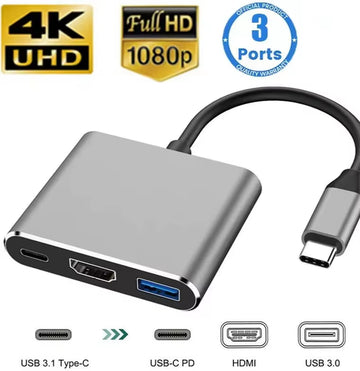 3-in-1 USB-C Hub: Type-C PD 100W, HDMI 4K/30Hz, USB 3.0