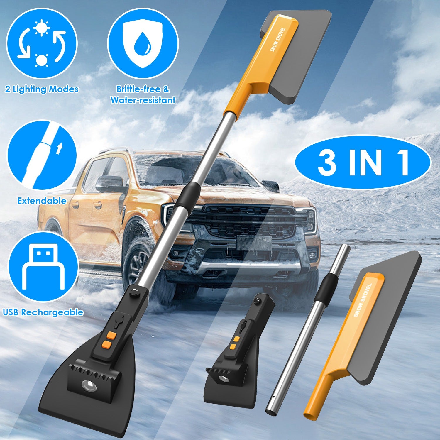 1Pc 3 in 1 Car Snow Removal Shovel with Lights Car Snow Removal Tool Telescopic Windshield Ice Scraper Snow Brush Shovel