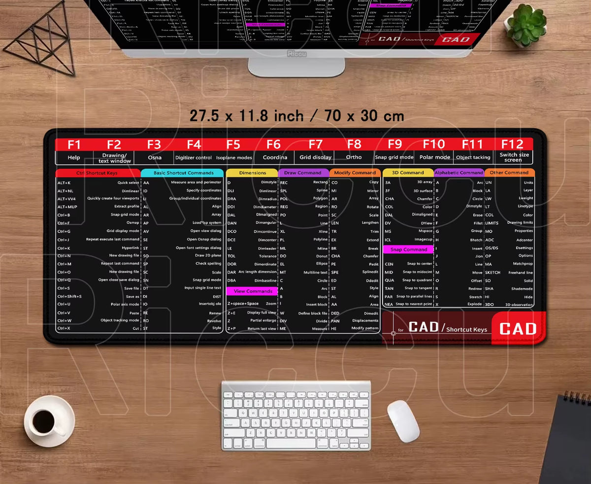Professional Office Mouse Pad with AutoCAD Cheat Sheet - Large 100x50cm Gaming Desk Mat, Stitched Edge, Non-Slip Rubber Base