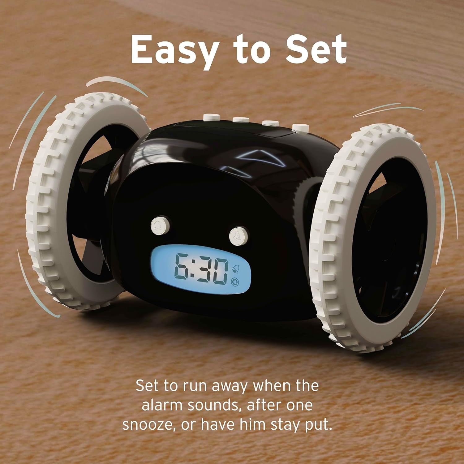 Alarm Clock on Wheels – Loud Rolling Alarm Clock for Heavy Sleepers | Runaway Clock That Jumps & Runs to Wake You up | Funny Unique Gift for Adults, Teens & Kids Bedrooms (Black)