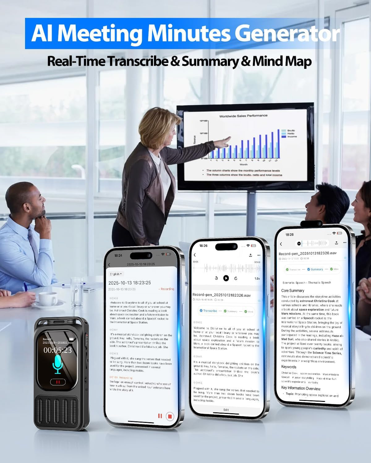 2" Touchscreen Digital Voice Recorder with Playback,  64GB 100Hrs Recording Device with Noise Reduction, Password, Real-Time Transcribe Summarize MP3 for Meetings Interviews Lectures