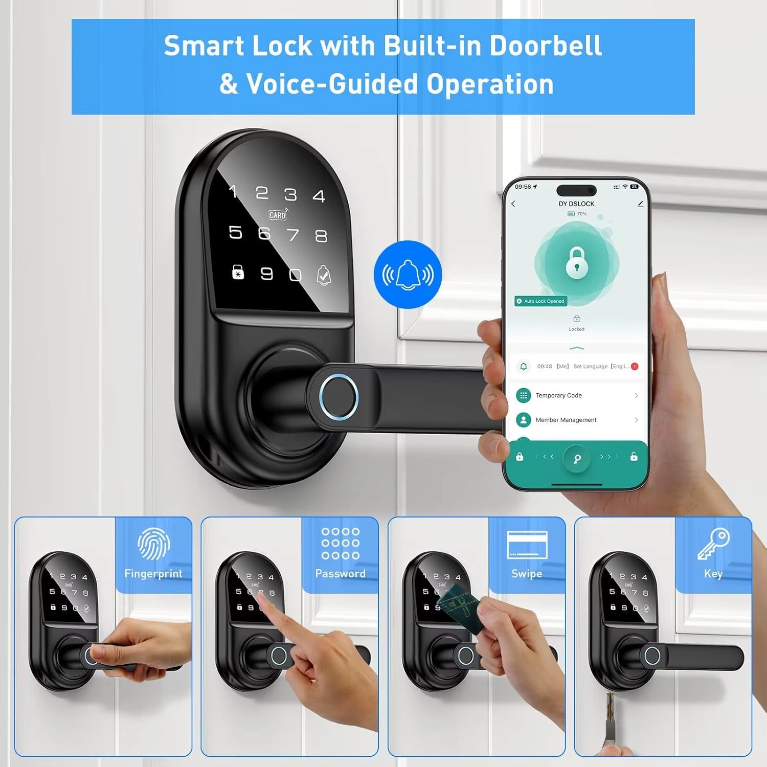 Smart Keypad Door Lock with Handle, Fingerprint Keyless Entry Digital Lock with Built-In Doorbell for Front Door, Bedroom