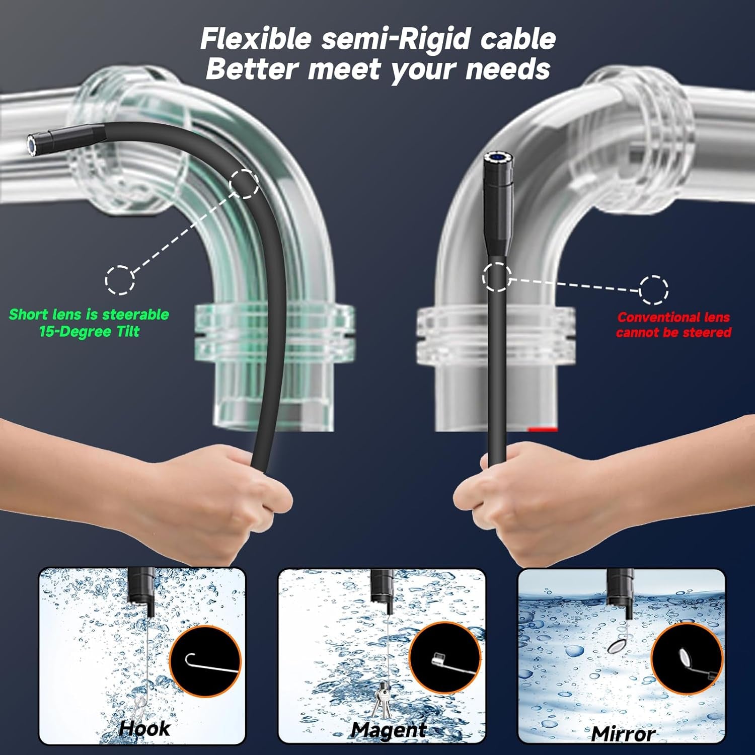 Endoscope Camera with Light, 4.3" IPS Screen HD Digital Snake Camera, IP67 Waterproof Borescope with 8 Adjustable LED Lights,Hd 1080P，16.5Ft Semi-Rigid Cord