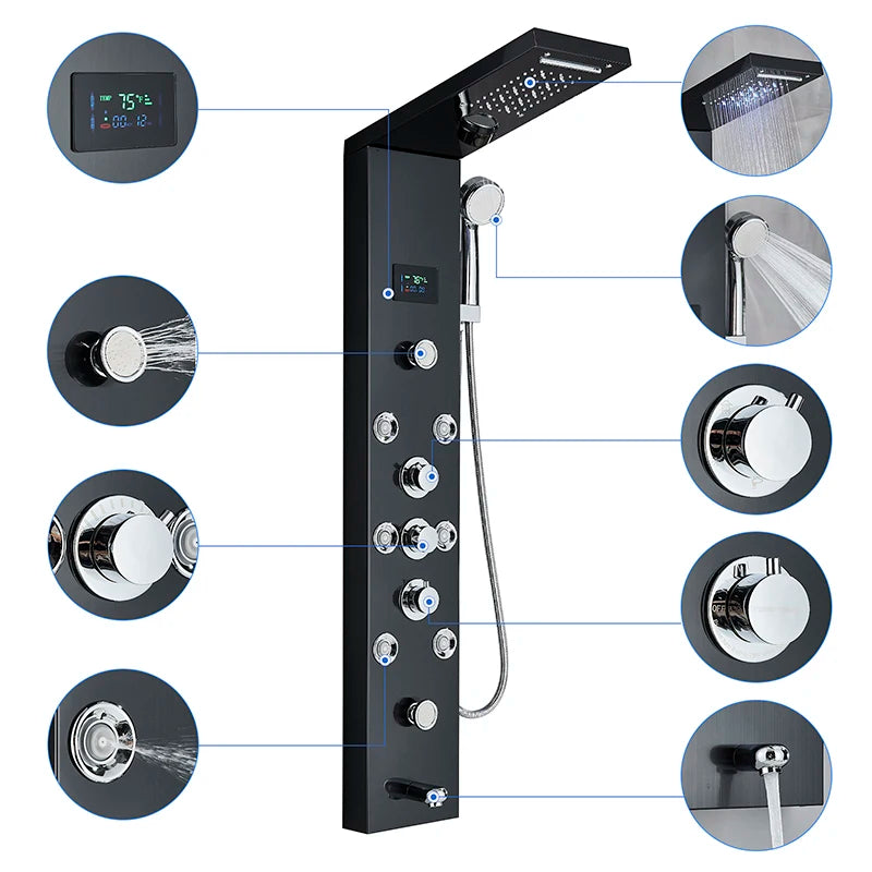 LED Digital Display Shower Panel with Waterfall Rain and SPA Massage Jet System