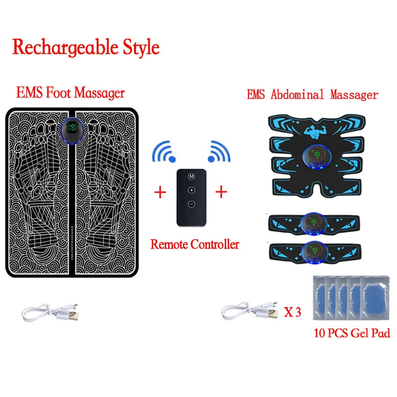 Rechargeable EMS Foot Massager Pad with Remote Control - Portable Electric Muscle Stimulation Mat for Pain Relief and Relaxation