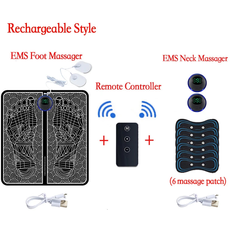 Rechargeable EMS Foot Massager Pad with Remote Control - Portable Electric Muscle Stimulation Mat for Pain Relief and Relaxation