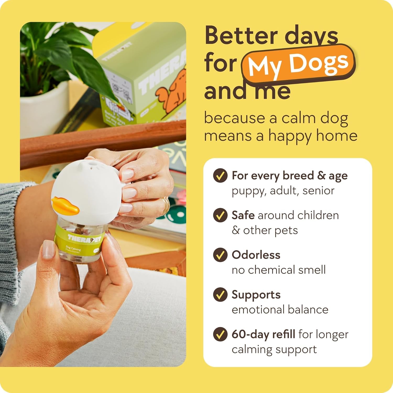 Dog Calming Diffuser - for Stress, Destructive Behavior, Pee Accidents, Separation Anxiety, Barking, Aggression & Chewing - 2 Count Refill Included 30-Day Each - Packaging May Vary