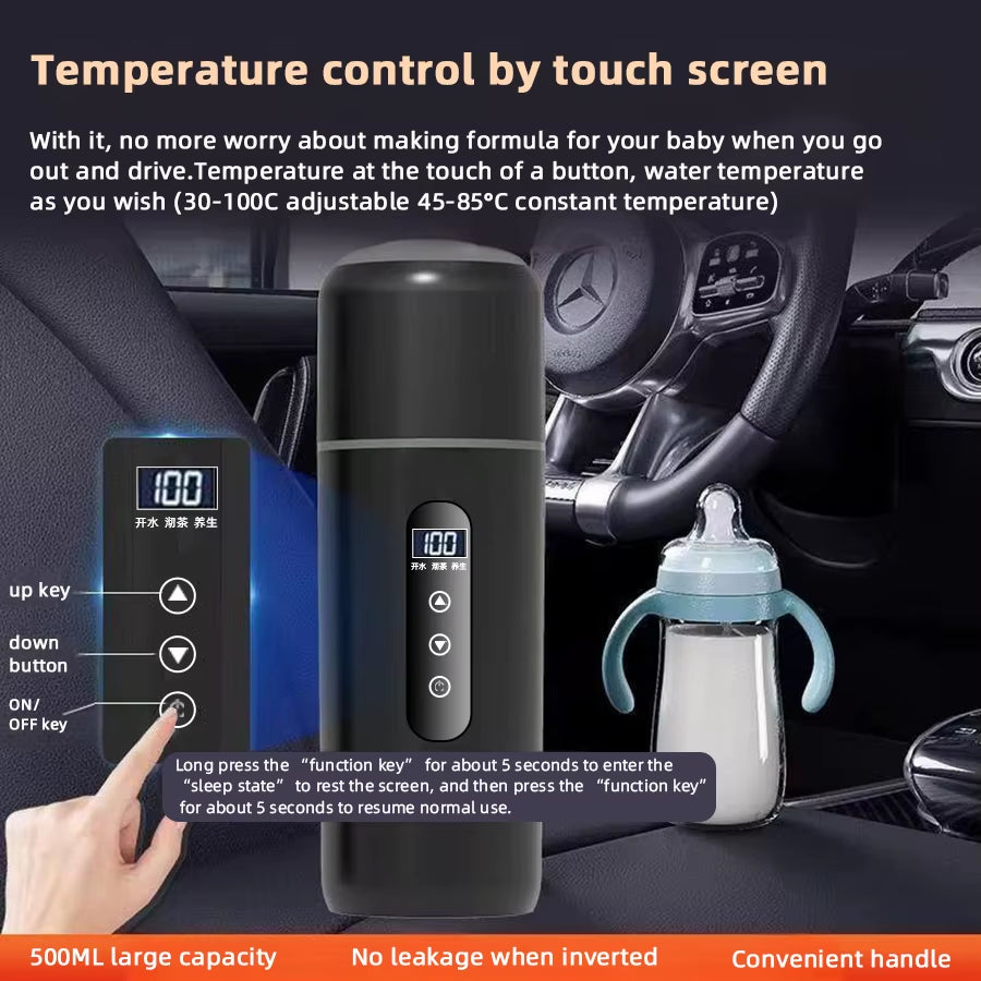 Electric Kettle 12V 24V Portable Car Heating Cup 500 Ml Travel Heating Smart Stainless Steel Insulation Artifact OLED Display