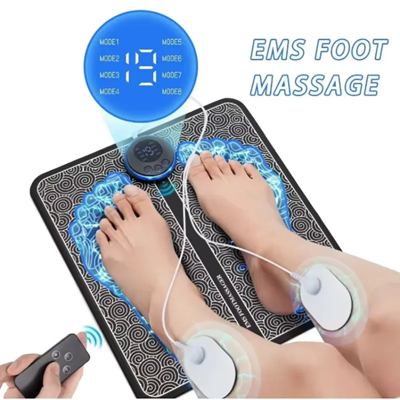 Rechargeable EMS Foot Massager Pad with Remote Control - Portable Electric Muscle Stimulation Mat for Pain Relief and Relaxation