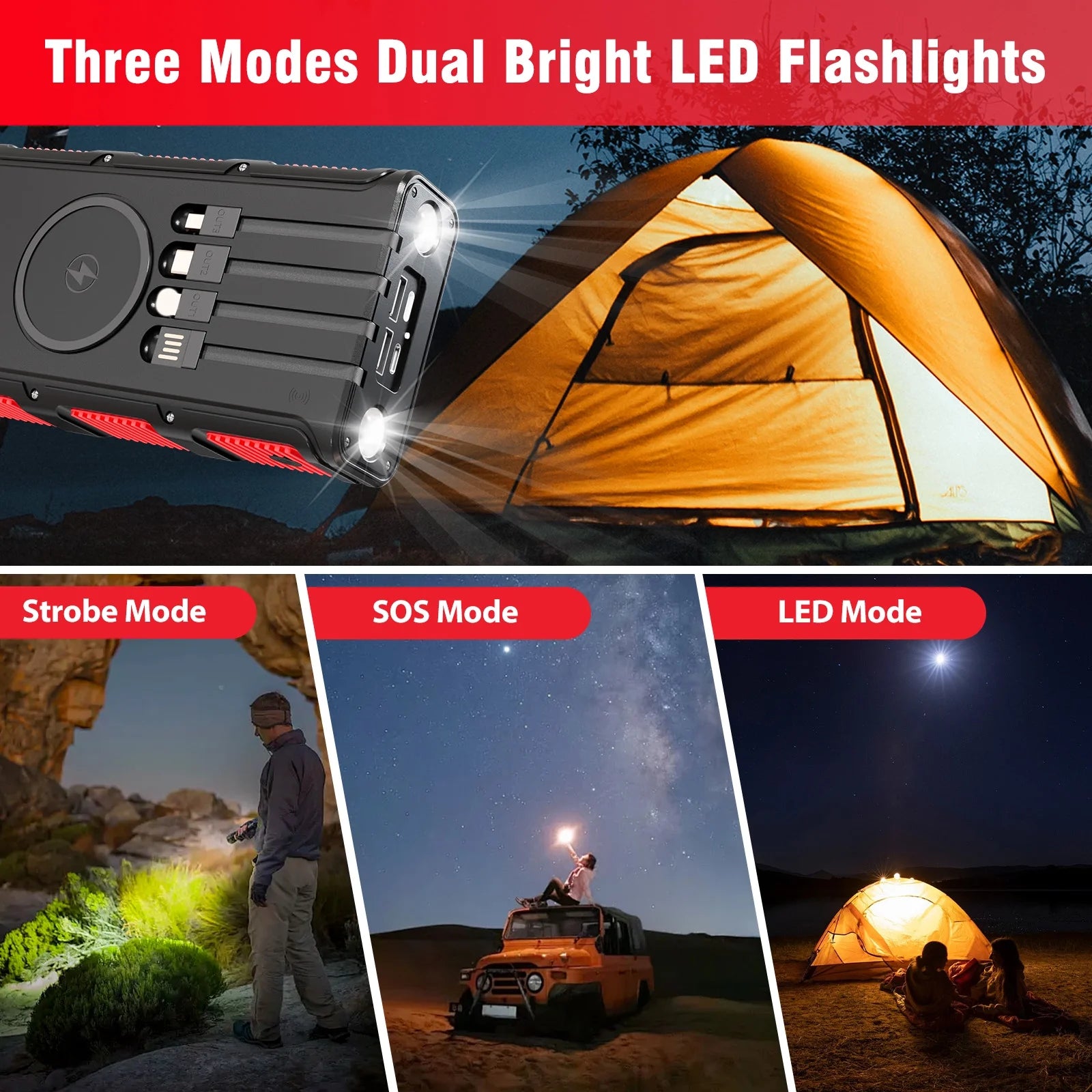 Power Bank Wireless Charger 68800Mah Built in Hand Crank and 4 Cables 15W Fast Charging Power Bank 7 Outputs & 4 Inputs Solar Portable Charger, Sos/Strobe/Strong Flashlights, Compass(Red)