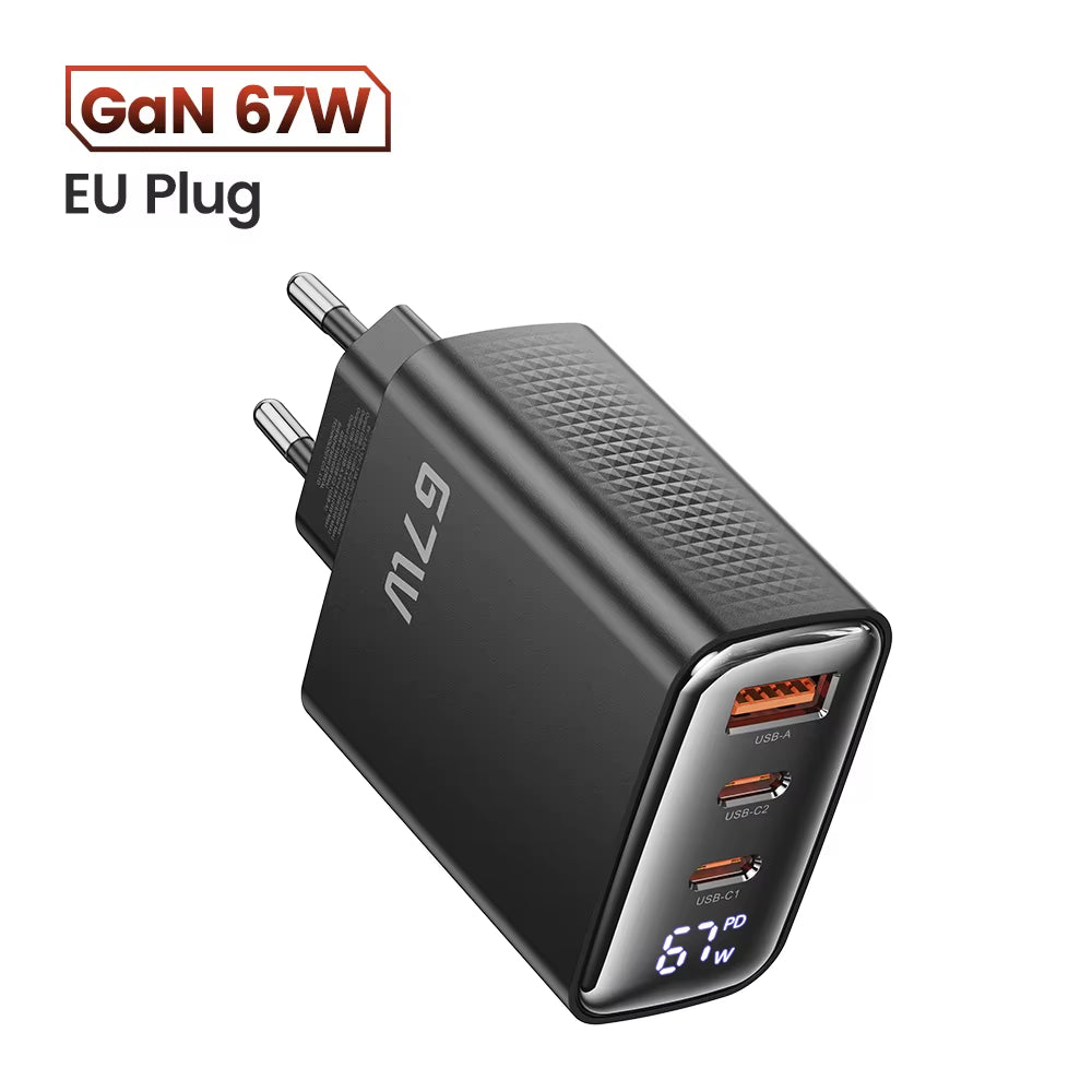 67W GaN Charger with Digital Display, Quick Charge 4.0/3.0, Fast Type-C USB Charger for Laptops, iPhone, Samsung, Xiaomi, Realme, and POCO