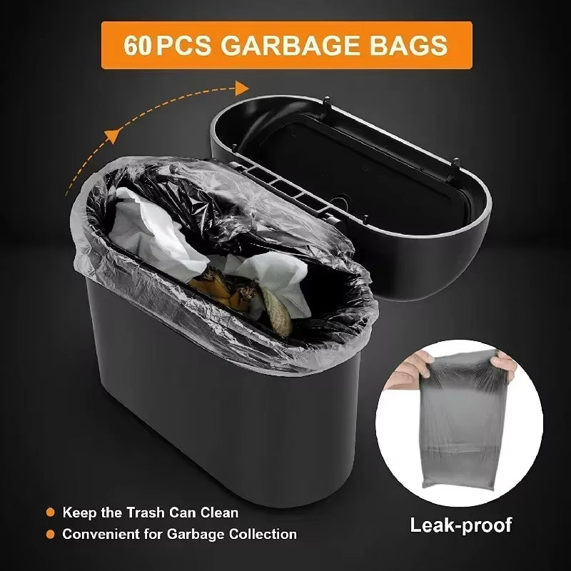 Leak-Proof Mini Car Trash Can with Lid - Includes 60 Garbage Bags for Vehicle Interior