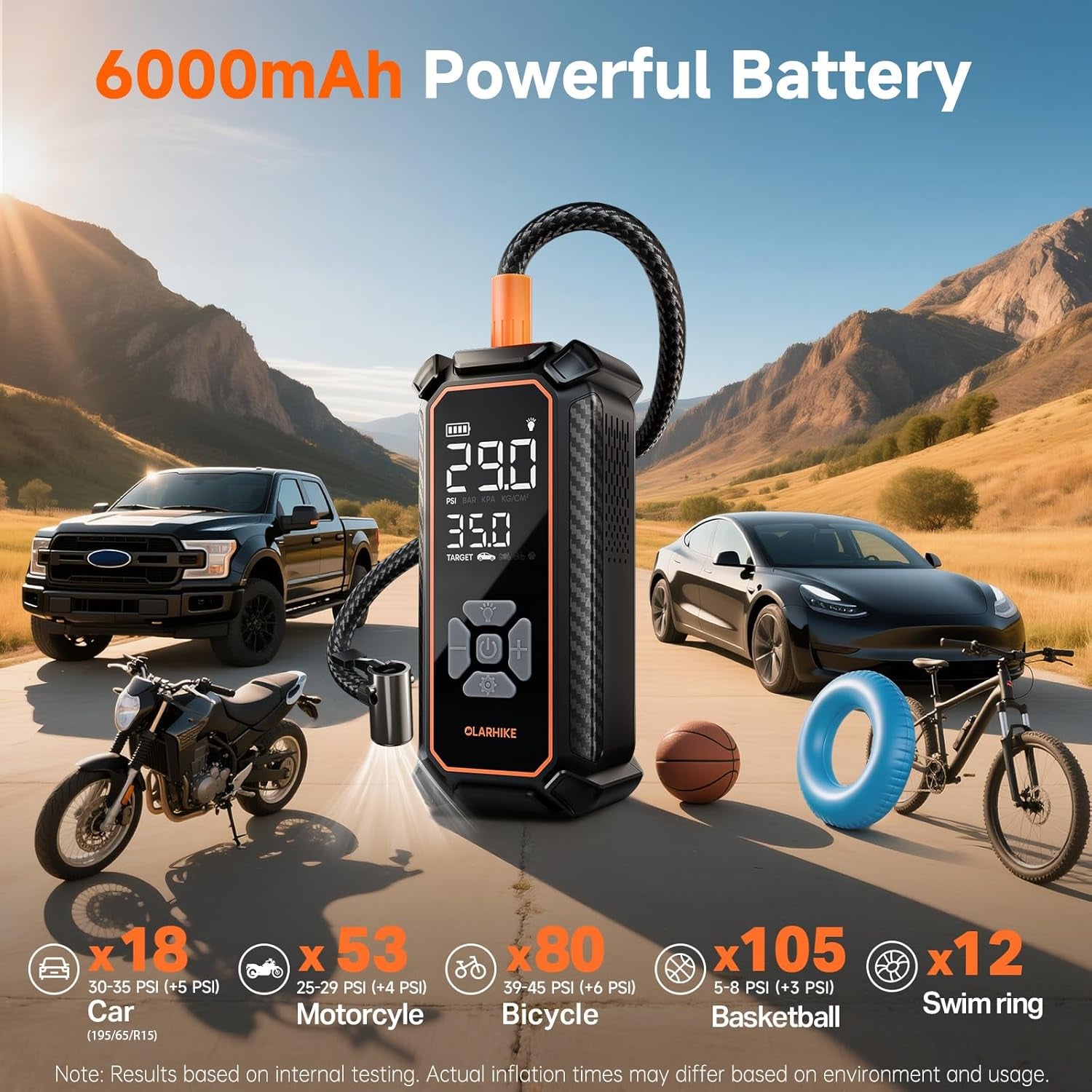Tire Inflator Portable Air Compressor, Dual Power - 6000Mah & 12V DC, 150PSI Bike Pump, Cordless Air Pump for Car Tires, Bike, Motorcycle, Balls with LED & Digital Pressure Gauge
